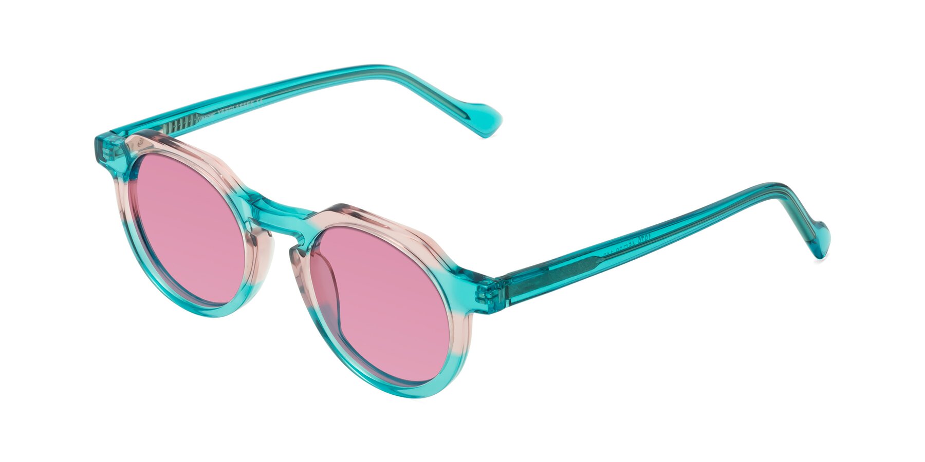 Angle of Vesper in Green-Pink with Medium Wine Tinted Lenses