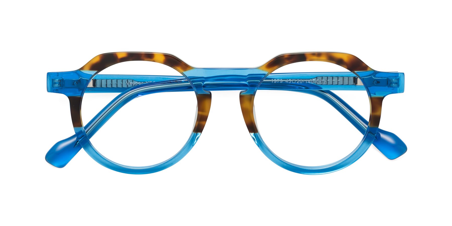 Folded Front of Vesper in Tortoise-Blue with Clear Reading Eyeglass Lenses