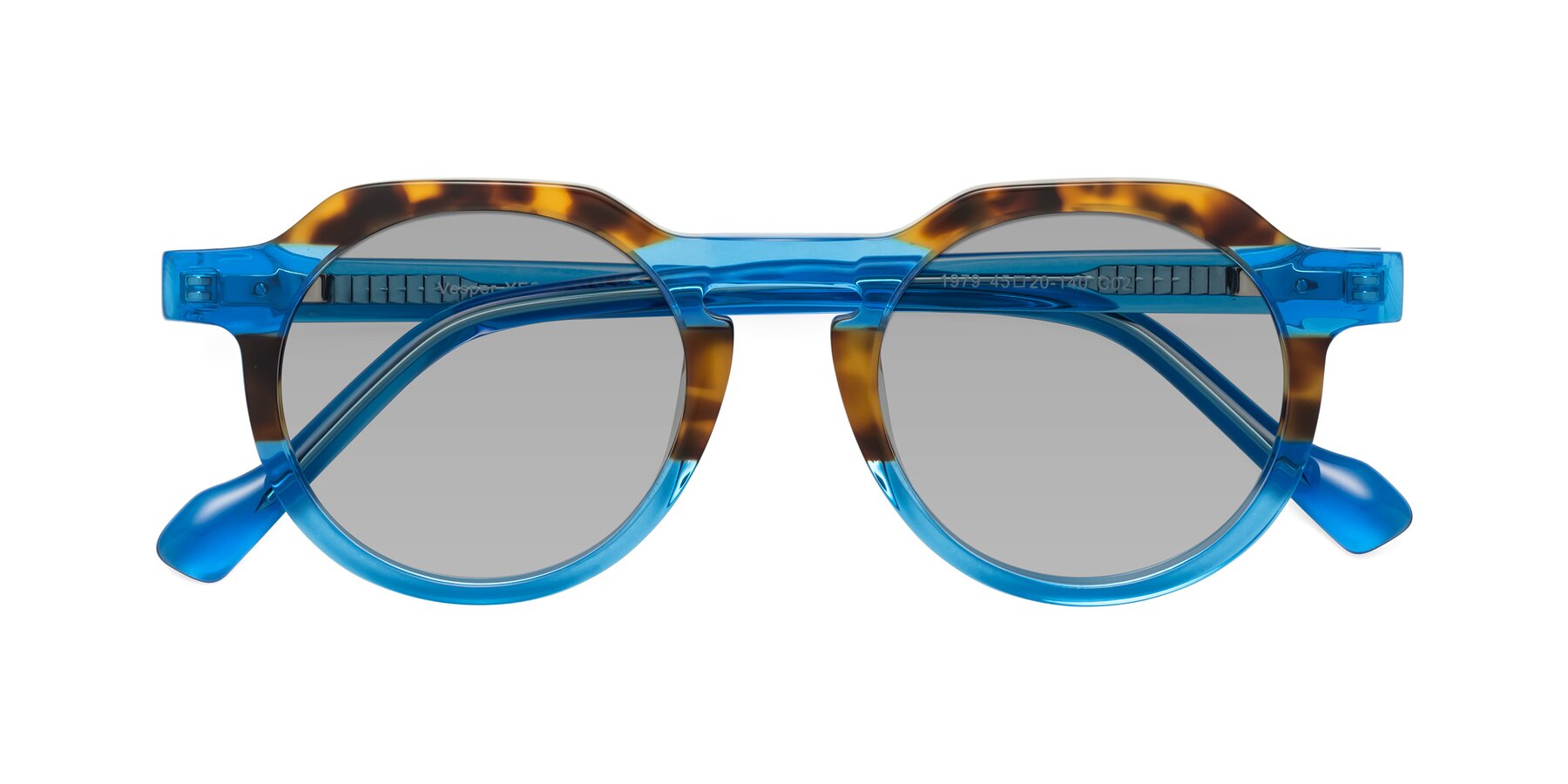 Folded Front of Vesper in Tortoise-Blue with Light Gray Tinted Lenses