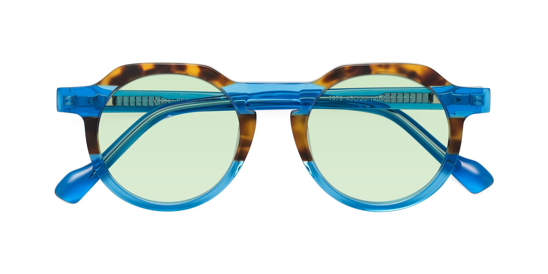 Folded Front of Vesper in Tortoise-Blue with Light Green Tinted Lenses