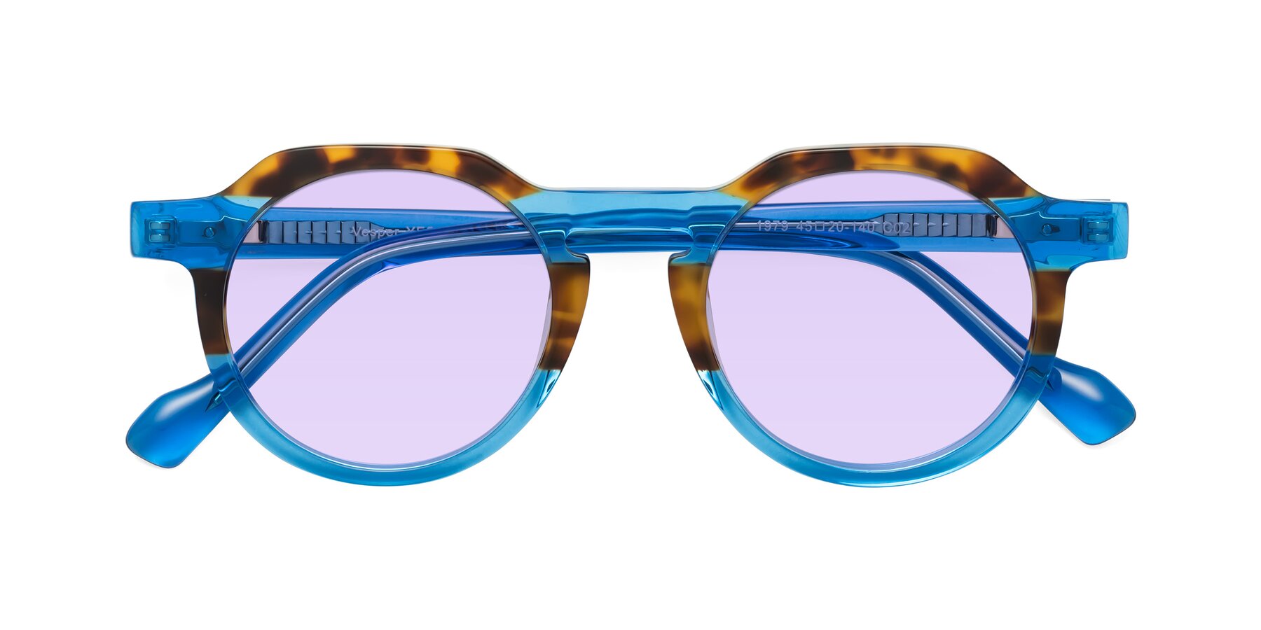 Folded Front of Vesper in Tortoise-Blue with Light Purple Tinted Lenses