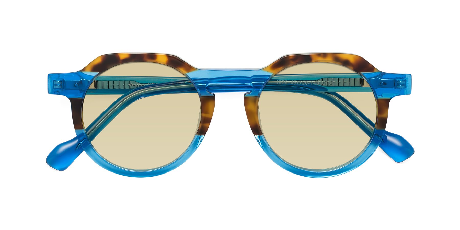 Folded Front of Vesper in Tortoise-Blue with Light Champagne Tinted Lenses