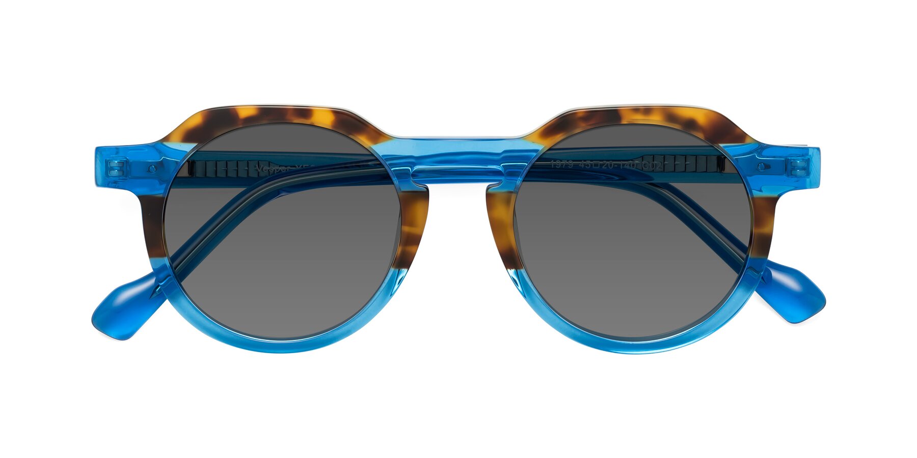 Folded Front of Vesper in Tortoise-Blue with Medium Gray Tinted Lenses