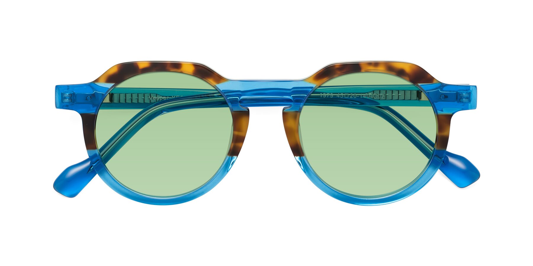 Folded Front of Vesper in Tortoise-Blue with Medium Green Tinted Lenses