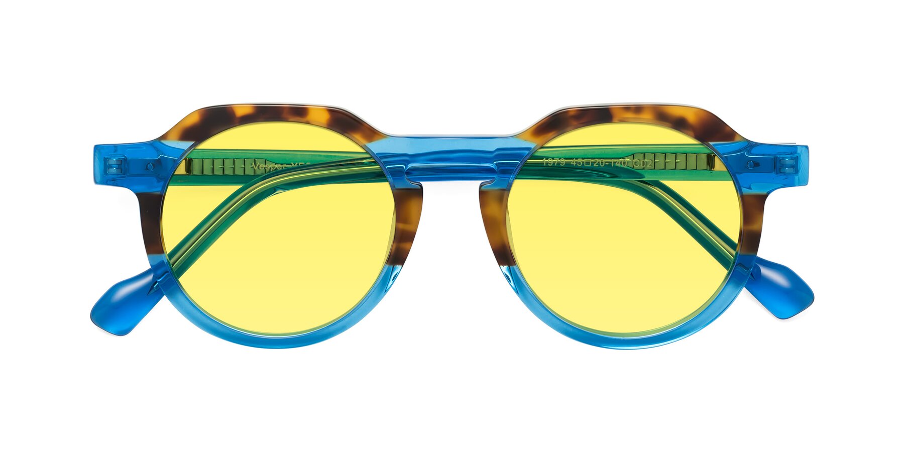 Folded Front of Vesper in Tortoise-Blue with Medium Yellow Tinted Lenses