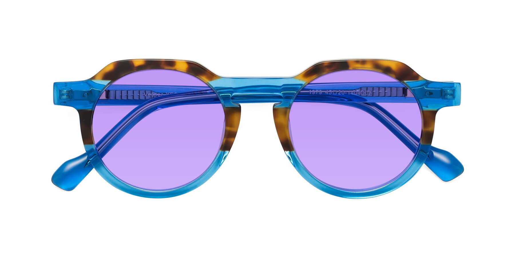 Folded Front of Vesper in Tortoise-Blue with Medium Purple Tinted Lenses