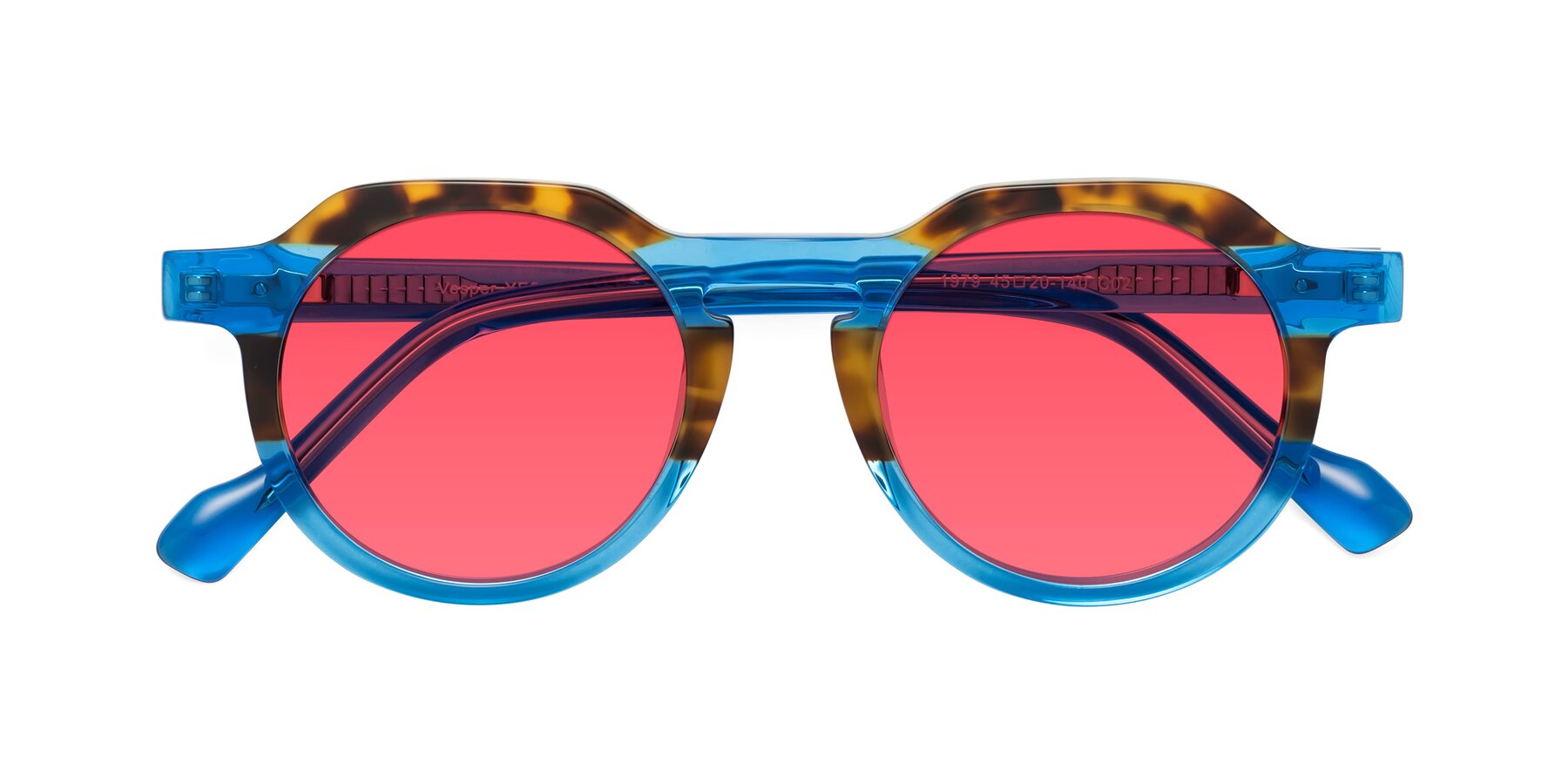 Folded Front of Vesper in Tortoise-Blue with Red Tinted Lenses