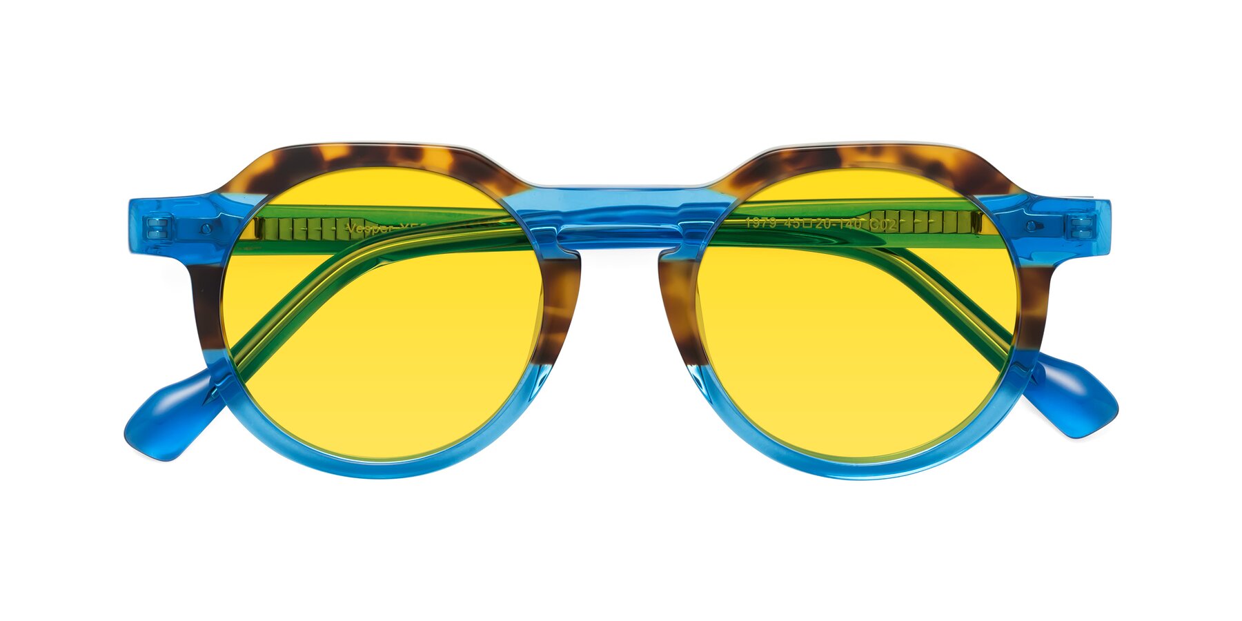 Folded Front of Vesper in Tortoise-Blue with Yellow Tinted Lenses