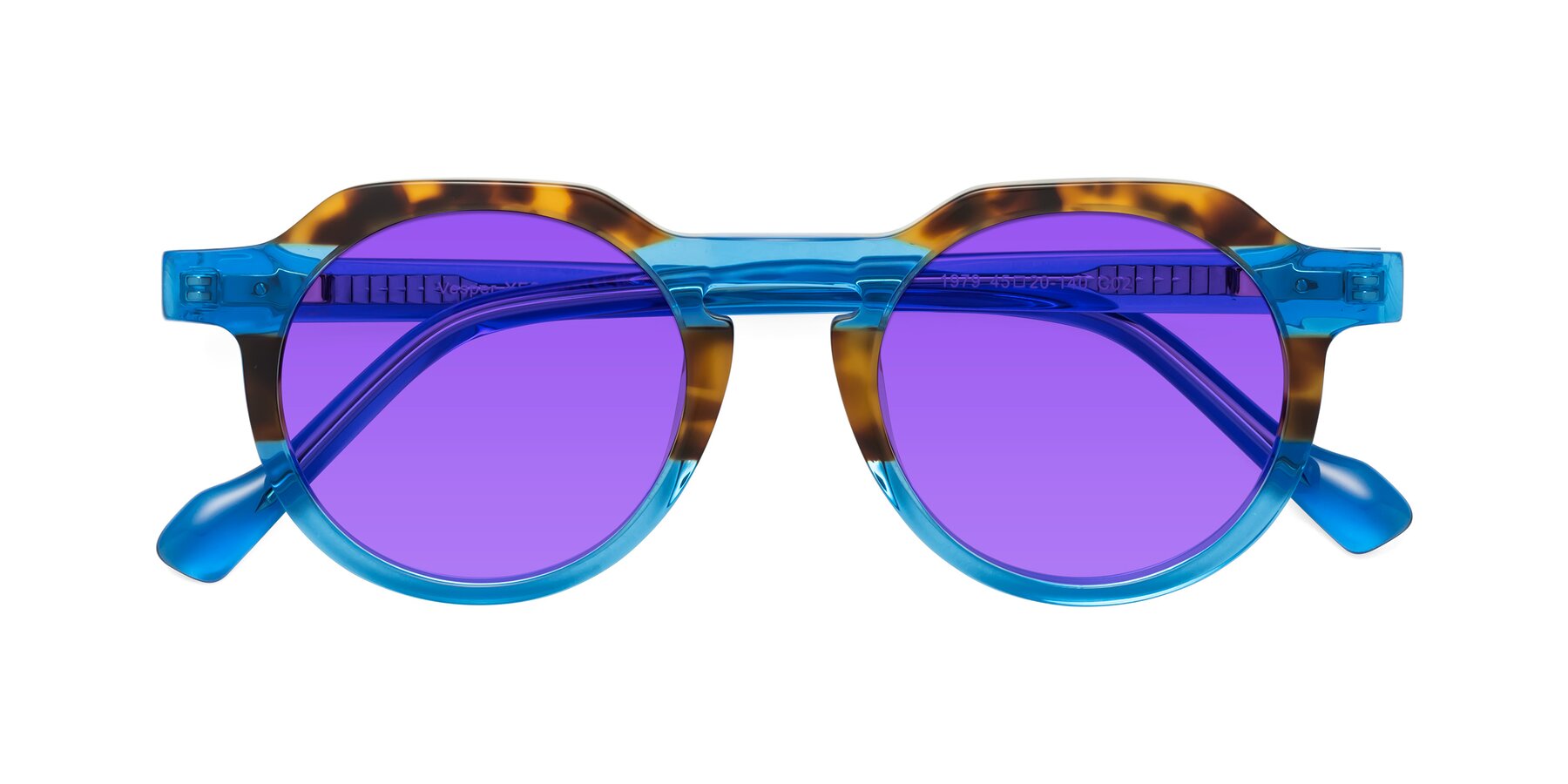 Folded Front of Vesper in Tortoise-Blue with Purple Tinted Lenses