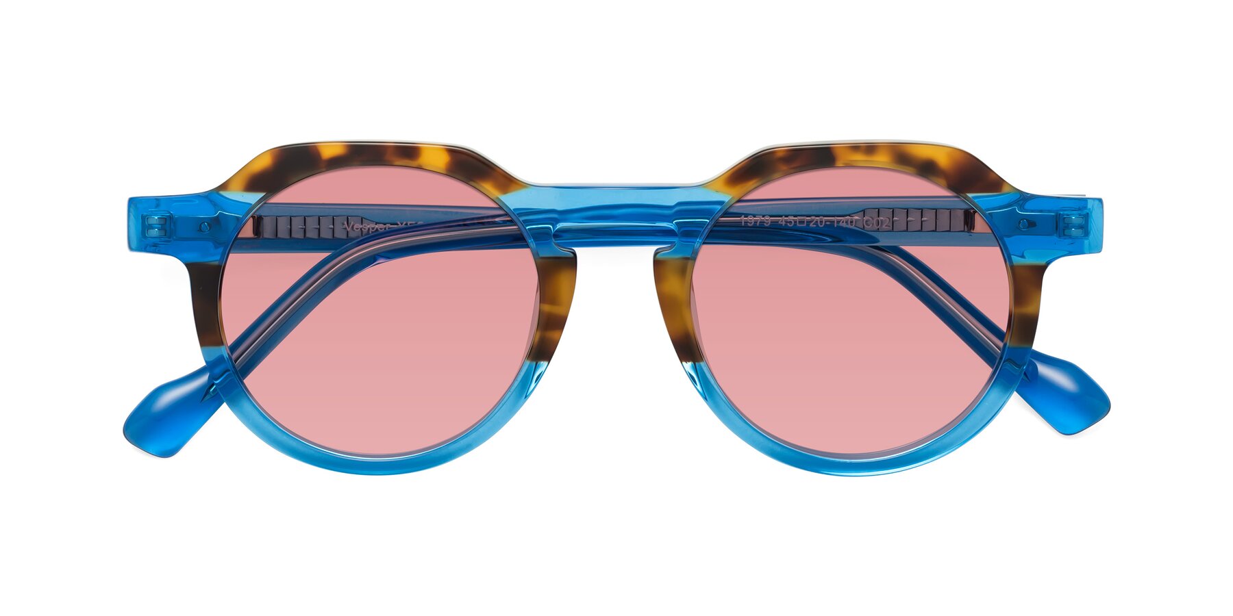 Folded Front of Vesper in Tortoise-Blue with Medium Garnet Tinted Lenses