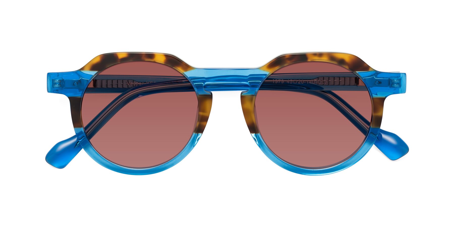 Folded Front of Vesper in Tortoise-Blue with Garnet Tinted Lenses