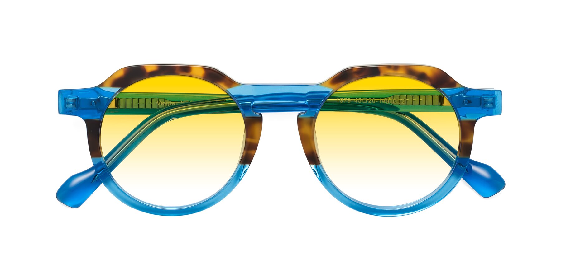 Folded Front of Vesper in Tortoise-Blue with Yellow Gradient Lenses