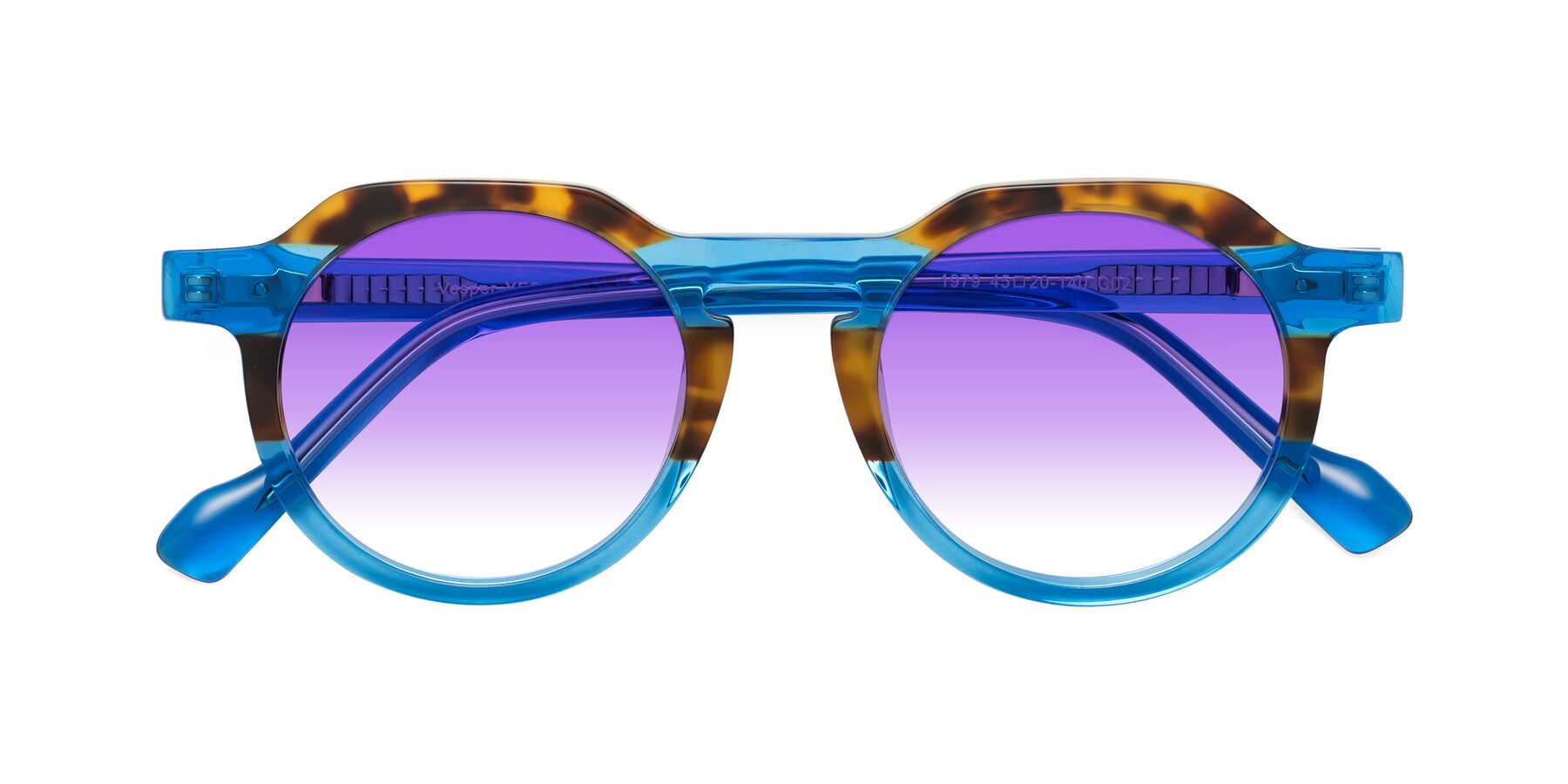 Folded Front of Vesper in Tortoise-Blue with Purple Gradient Lenses