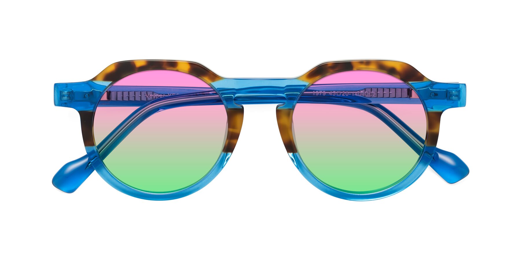 Folded Front of Vesper in Tortoise-Blue with Pink / Green Gradient Lenses