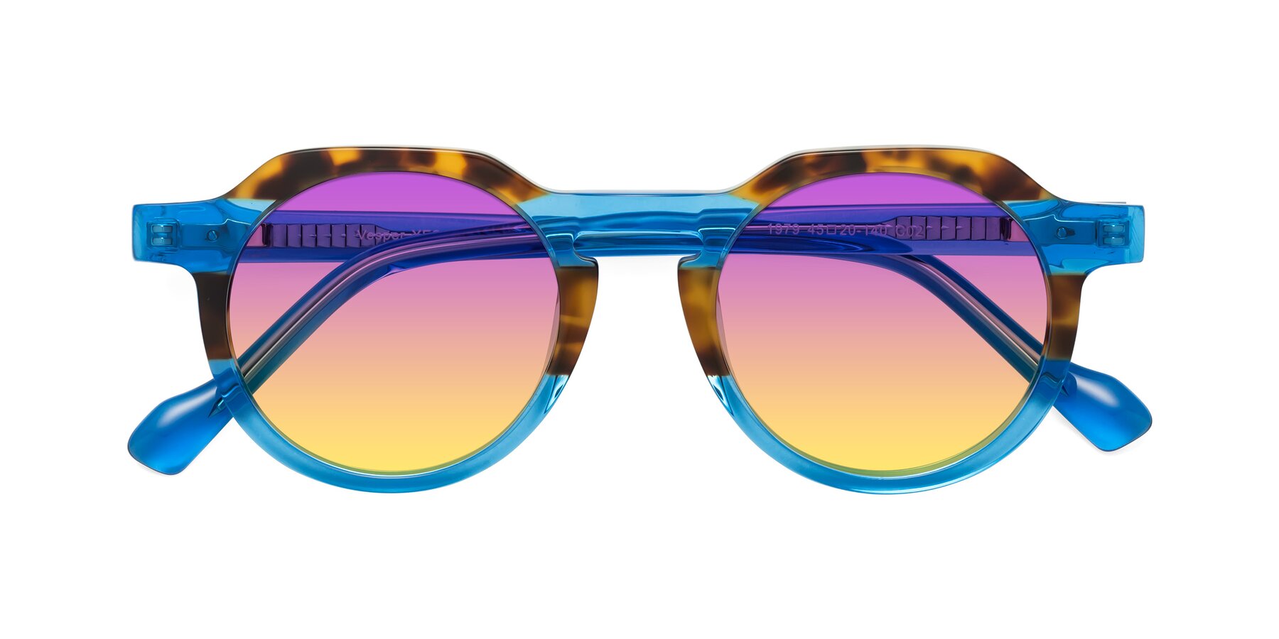 Folded Front of Vesper in Tortoise-Blue with Purple / Yellow Gradient Lenses