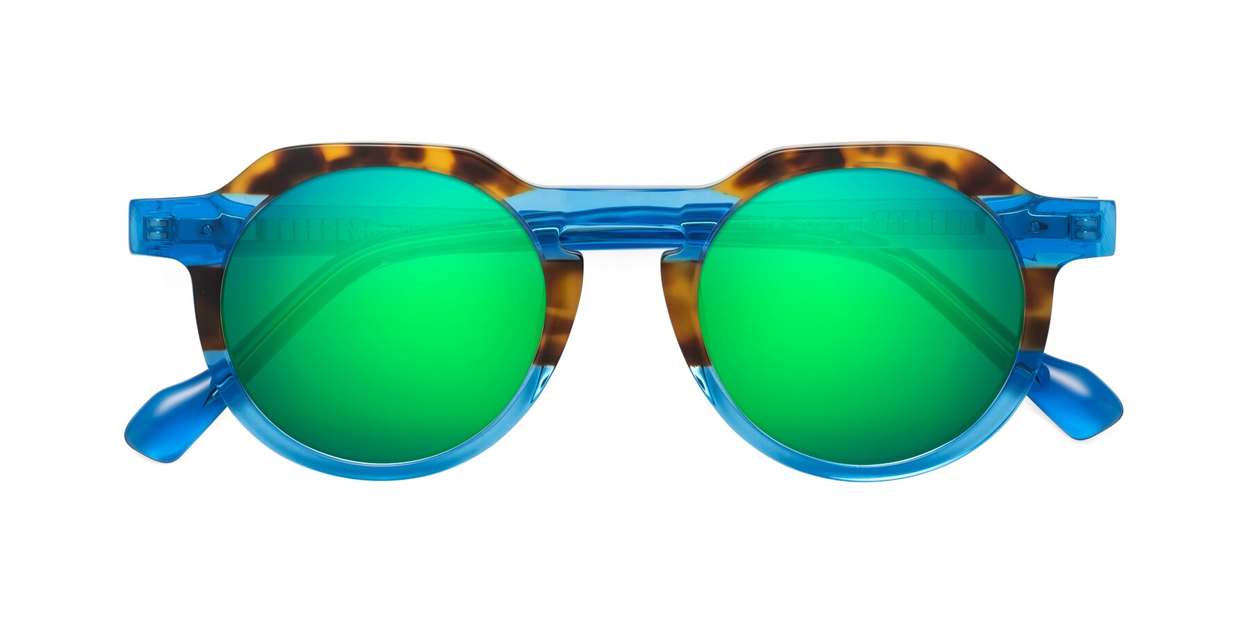 Folded Front of Vesper in Tortoise-Blue with Green Mirrored Lenses