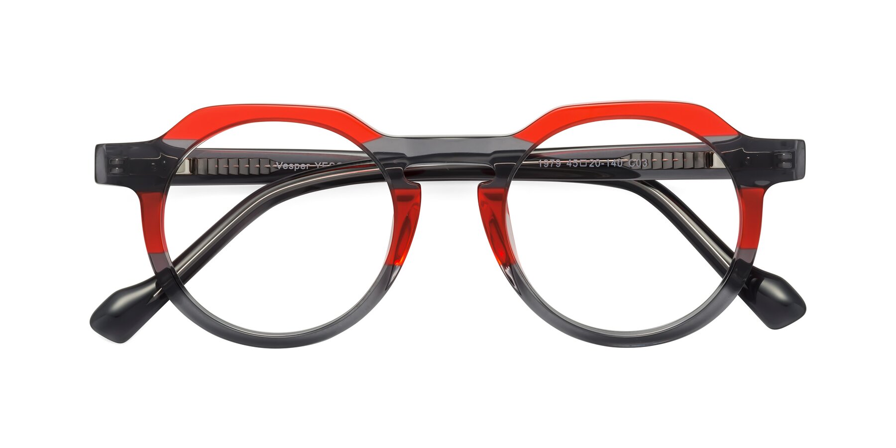 Folded Front of Vesper in Red-Gray with Clear Eyeglass Lenses