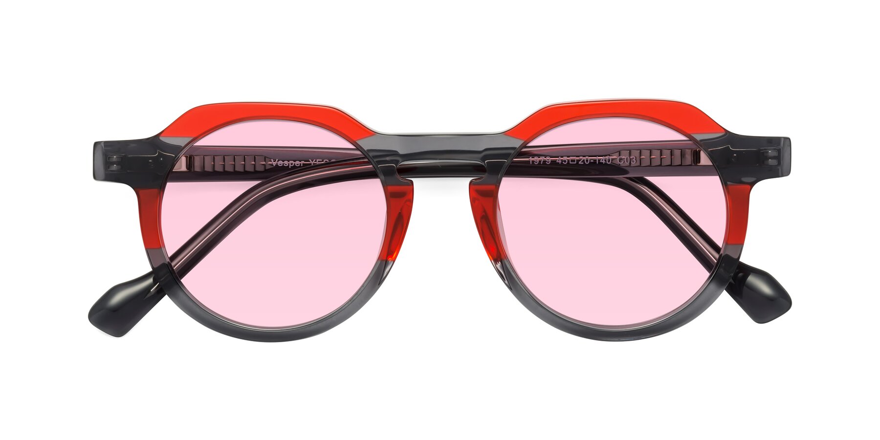 Folded Front of Vesper in Red-Gray with Light Pink Tinted Lenses