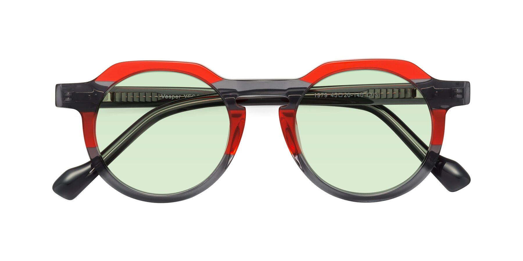 Folded Front of Vesper in Red-Gray with Light Green Tinted Lenses