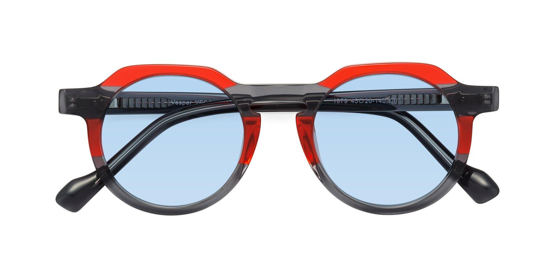 Folded Front of Vesper in Red-Gray with Light Blue Tinted Lenses