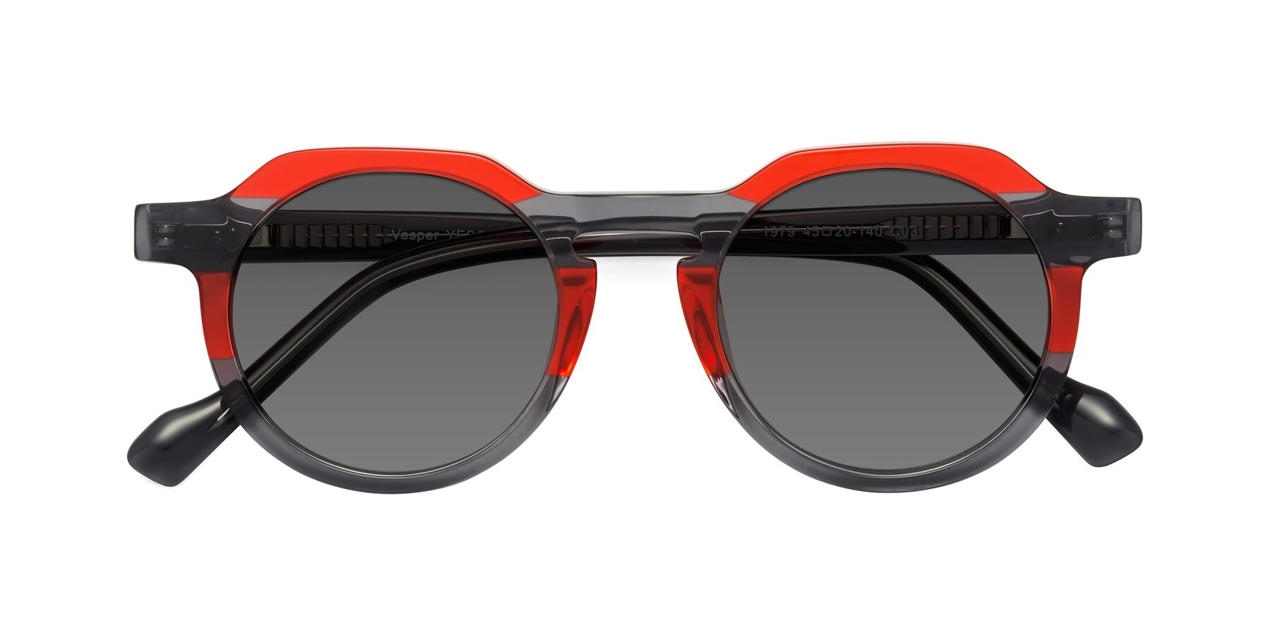 Folded Front of Vesper in Red-Gray with Medium Gray Tinted Lenses