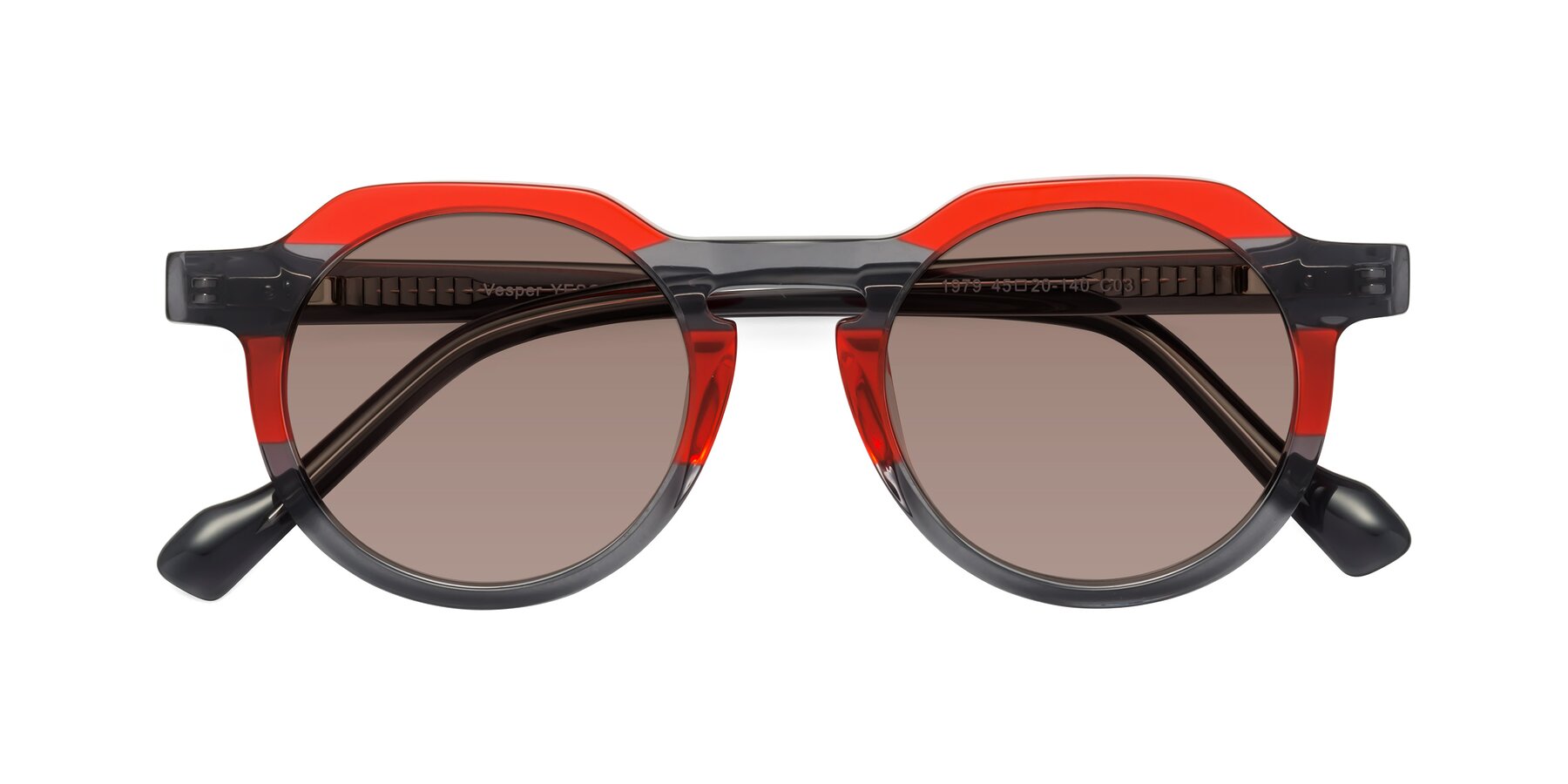 Folded Front of Vesper in Red-Gray with Medium Brown Tinted Lenses
