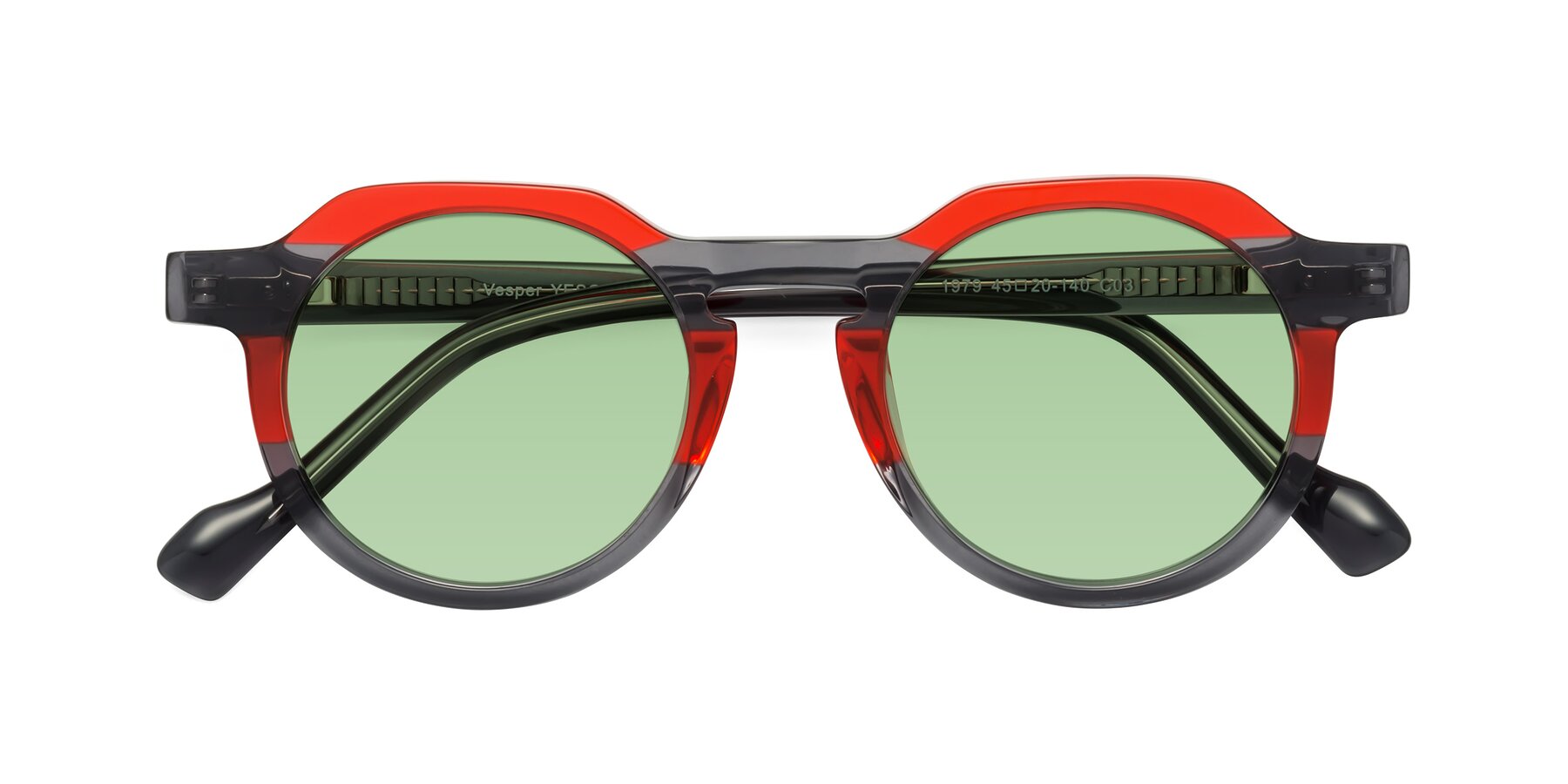 Folded Front of Vesper in Red-Gray with Medium Green Tinted Lenses