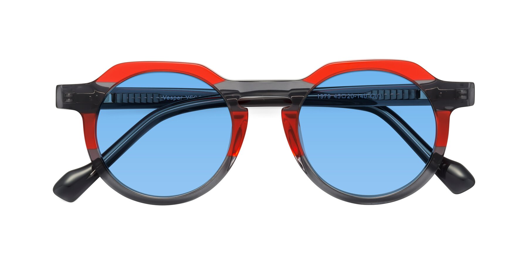 Folded Front of Vesper in Red-Gray with Medium Blue Tinted Lenses