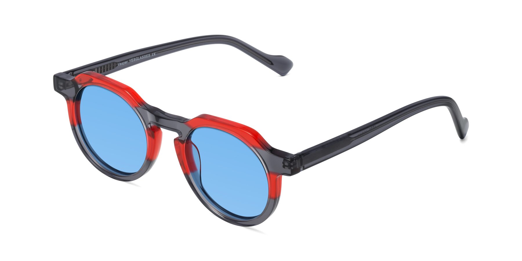 Angle of Vesper in Red-Gray with Medium Blue Tinted Lenses