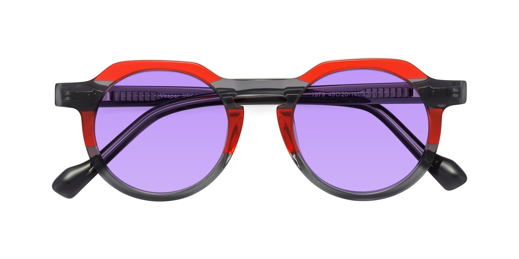 Folded Front of Vesper in Red-Gray with Medium Purple Tinted Lenses
