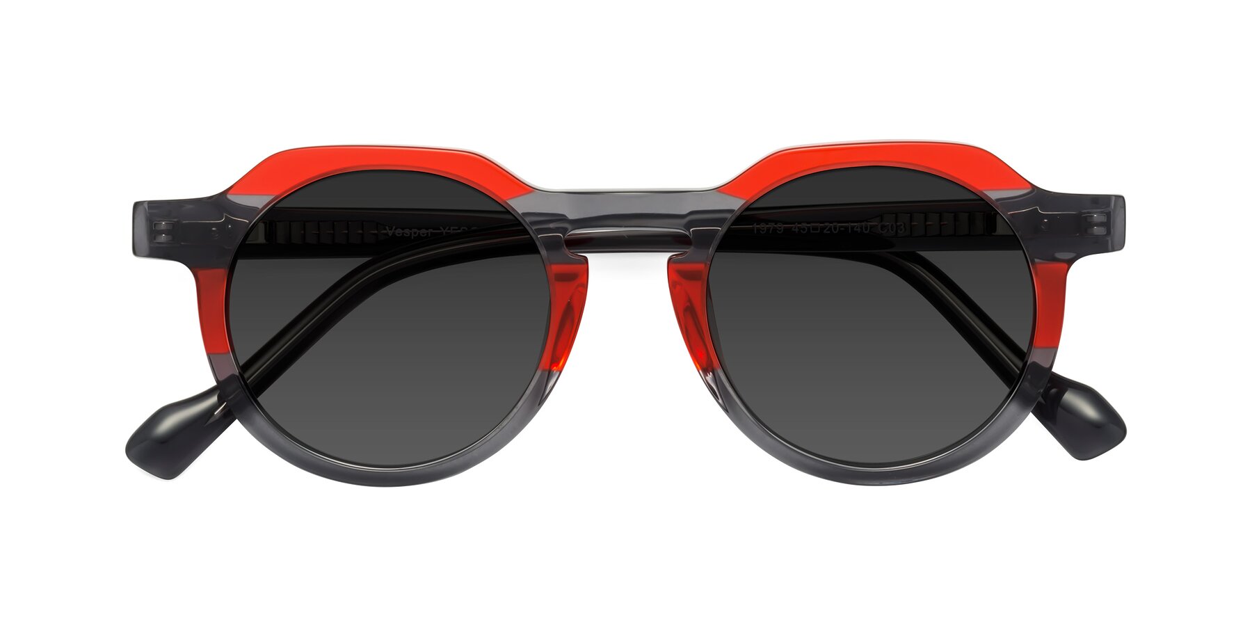 Folded Front of Vesper in Red-Gray with Gray Tinted Lenses