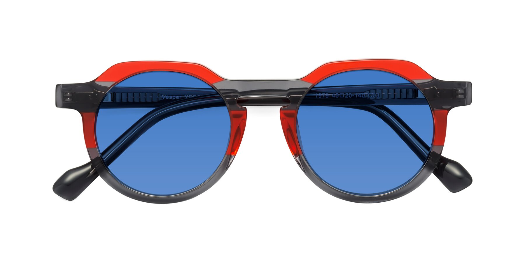 Folded Front of Vesper in Red-Gray with Blue Tinted Lenses