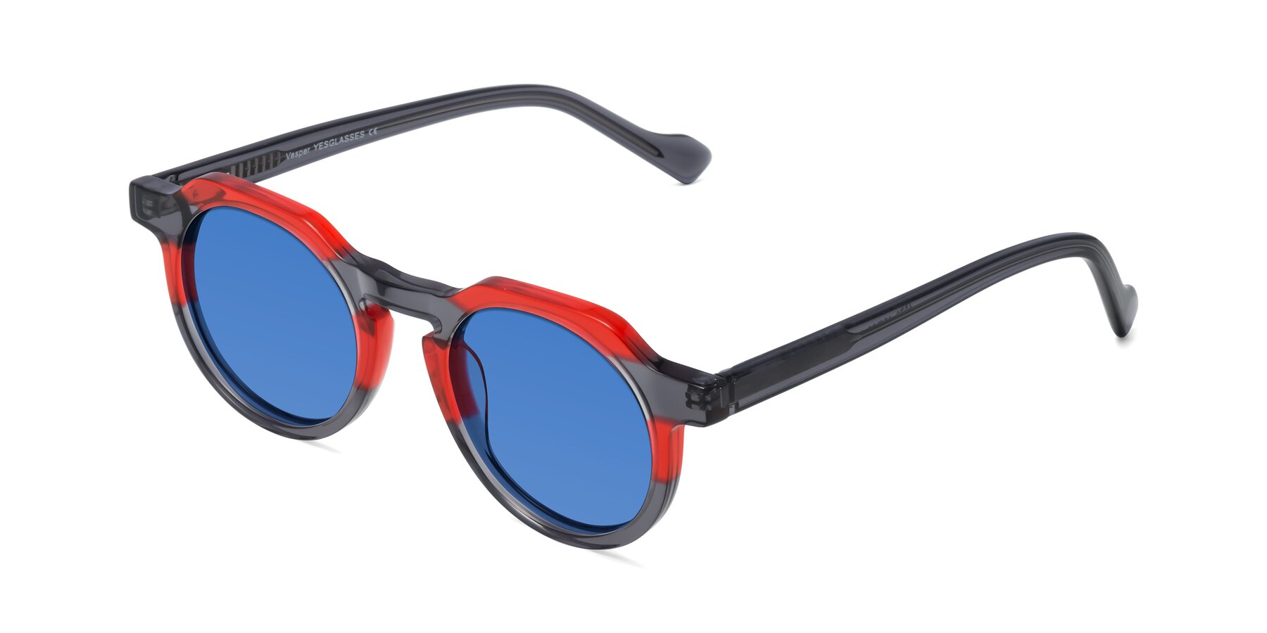 Angle of Vesper in Red-Gray with Blue Tinted Lenses