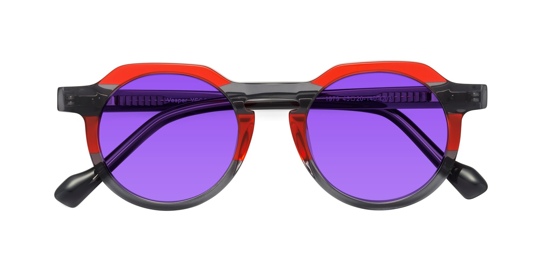 Folded Front of Vesper in Red-Gray with Purple Tinted Lenses