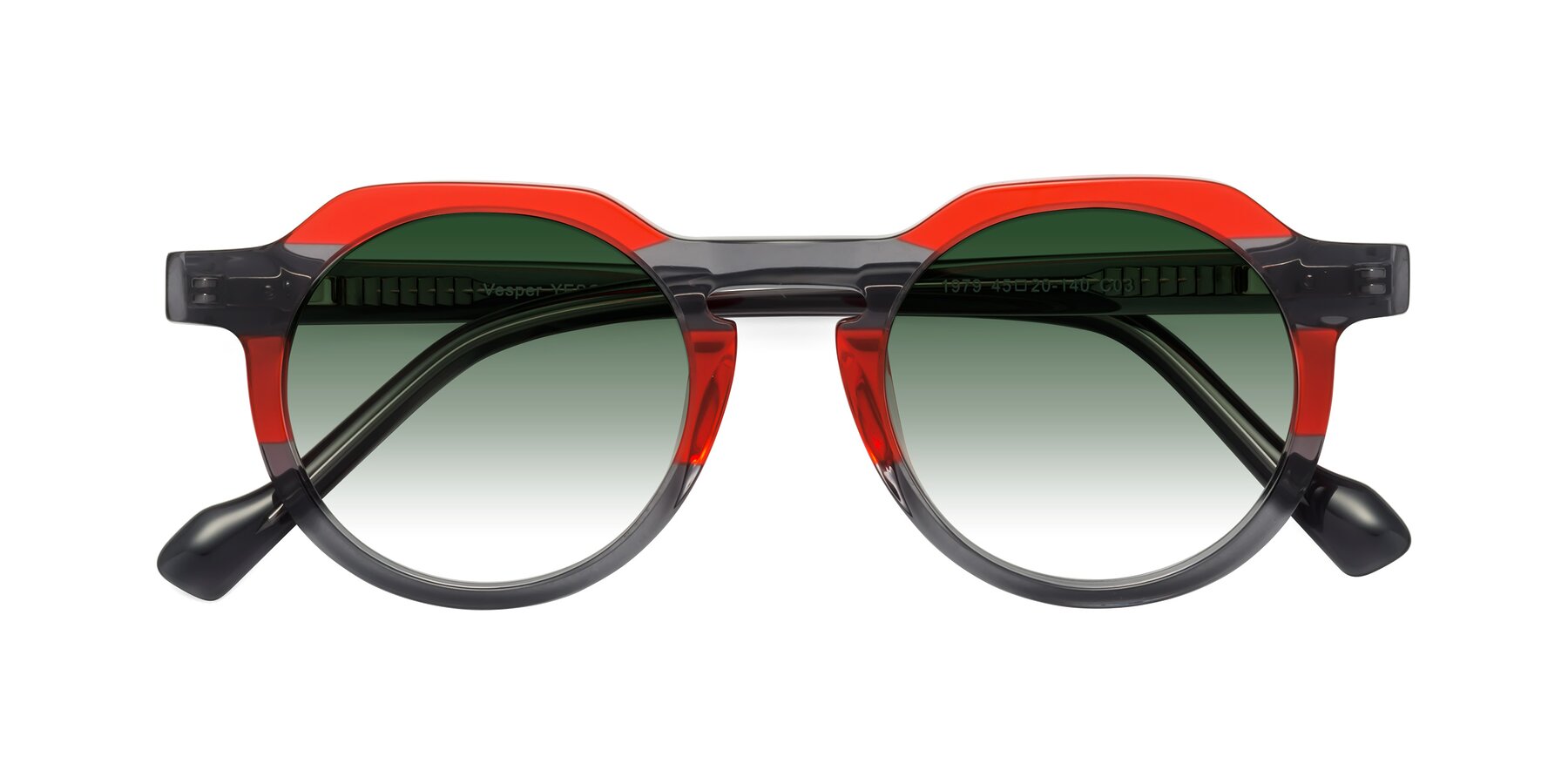 Folded Front of Vesper in Red-Gray with Green Gradient Lenses