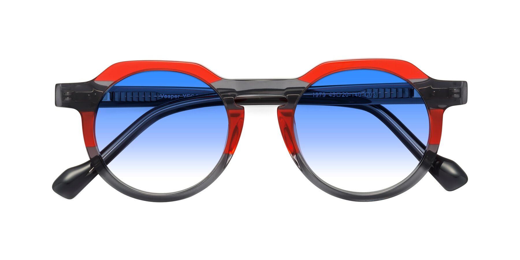 Folded Front of Vesper in Red-Gray with Blue Gradient Lenses