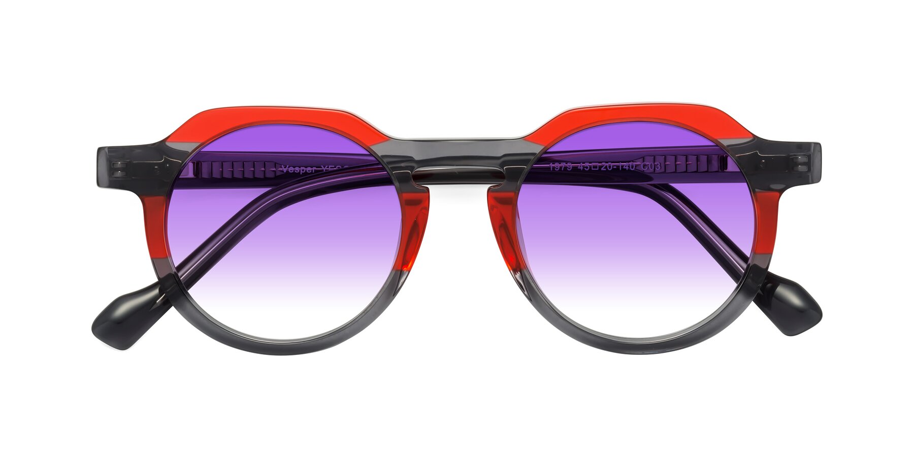 Folded Front of Vesper in Red-Gray with Purple Gradient Lenses