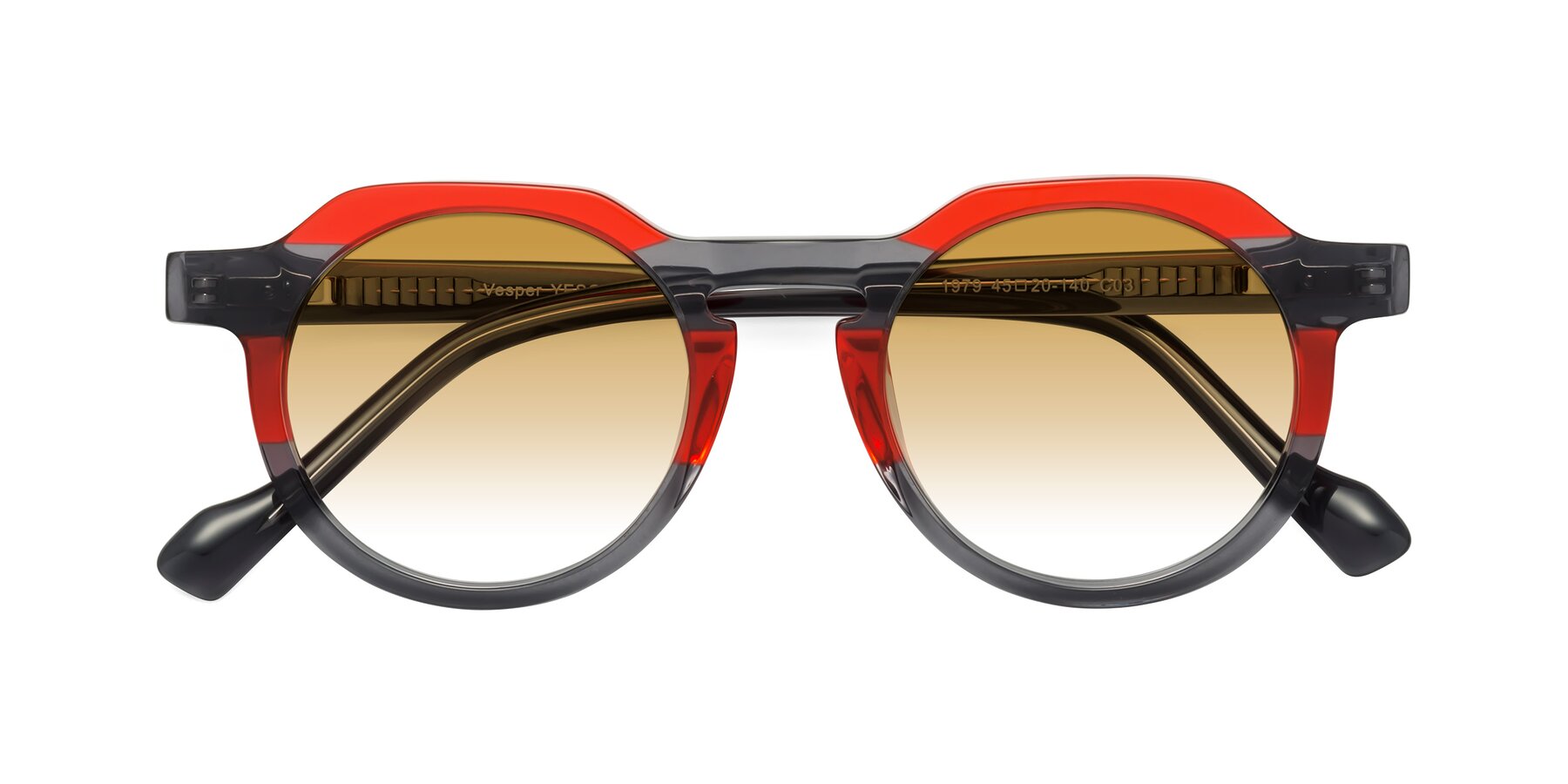 Folded Front of Vesper in Red-Gray with Champagne Gradient Lenses