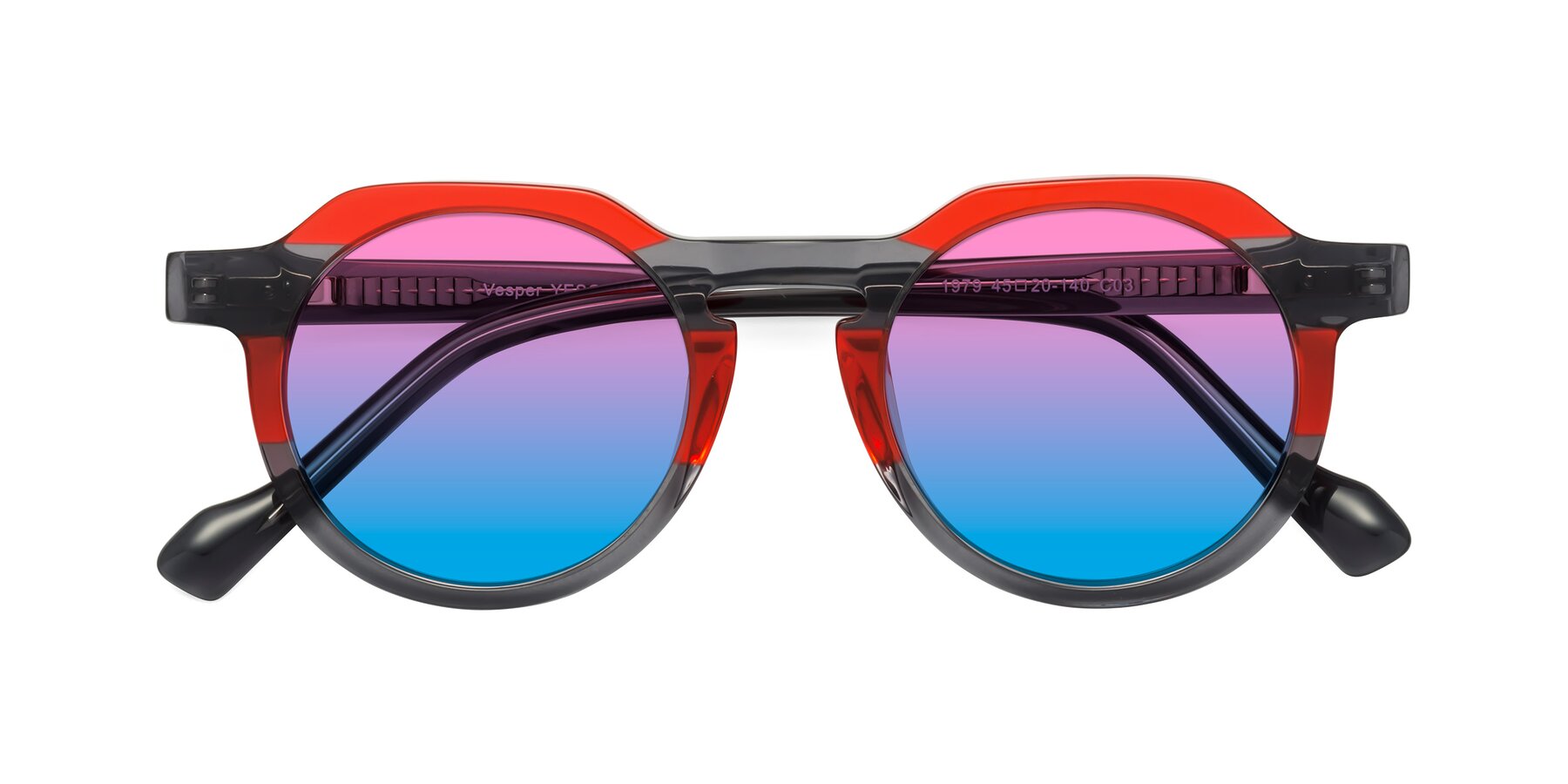 Folded Front of Vesper in Red-Gray with Pink / Blue Gradient Lenses