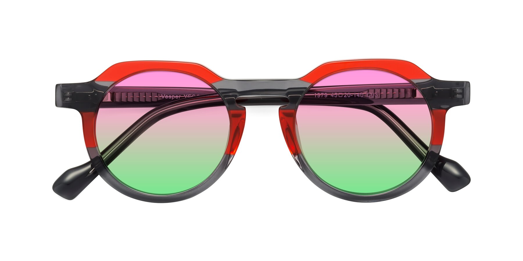 Folded Front of Vesper in Red-Gray with Pink / Green Gradient Lenses