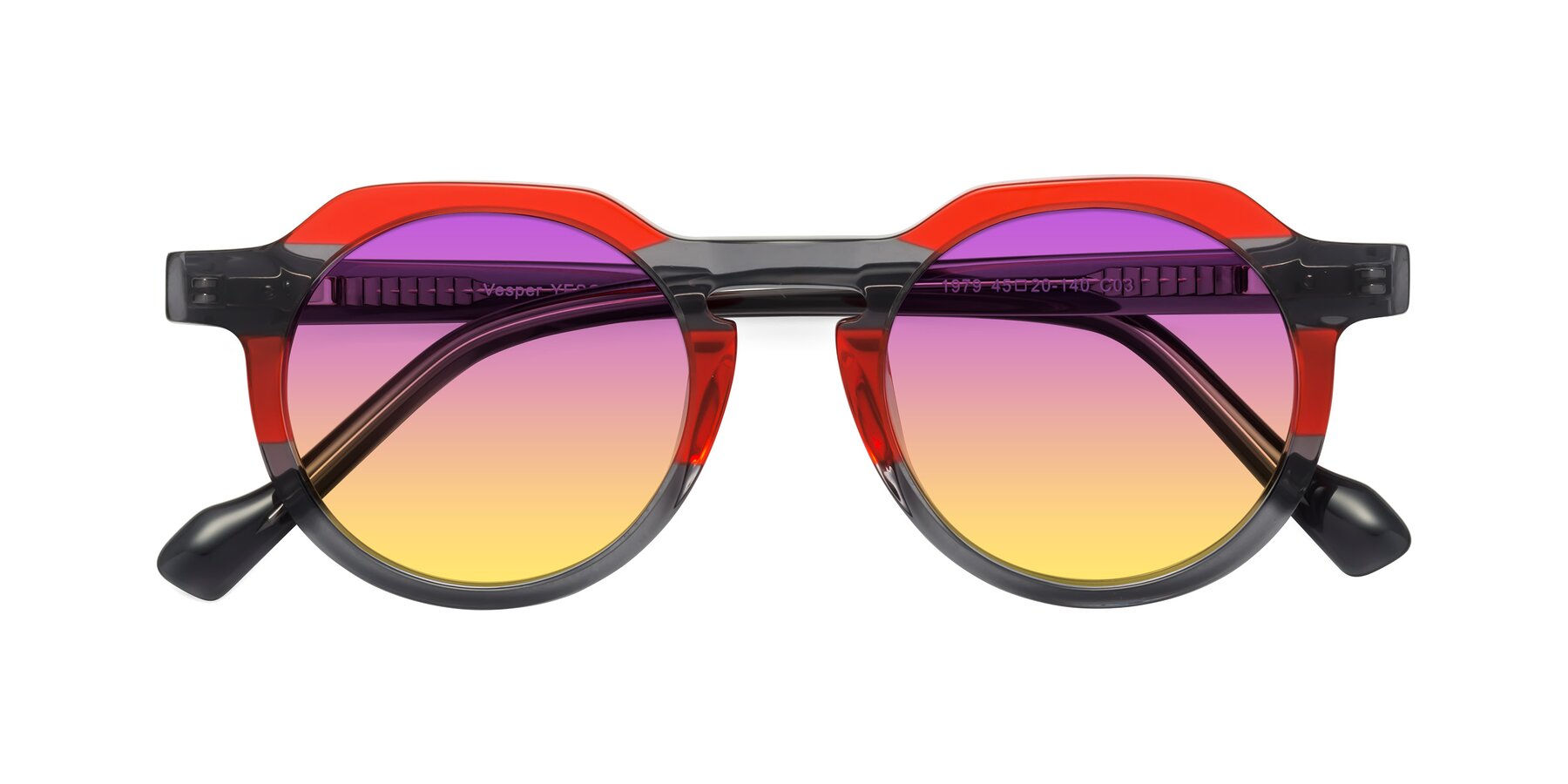 Folded Front of Vesper in Red-Gray with Purple / Yellow Gradient Lenses