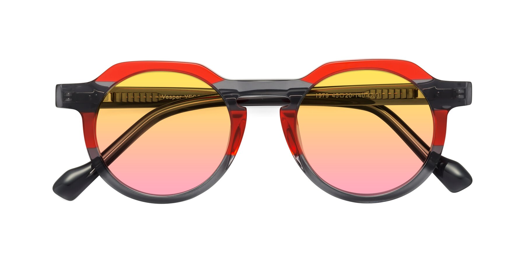 Folded Front of Vesper in Red-Gray with Yellow / Pink Gradient Lenses