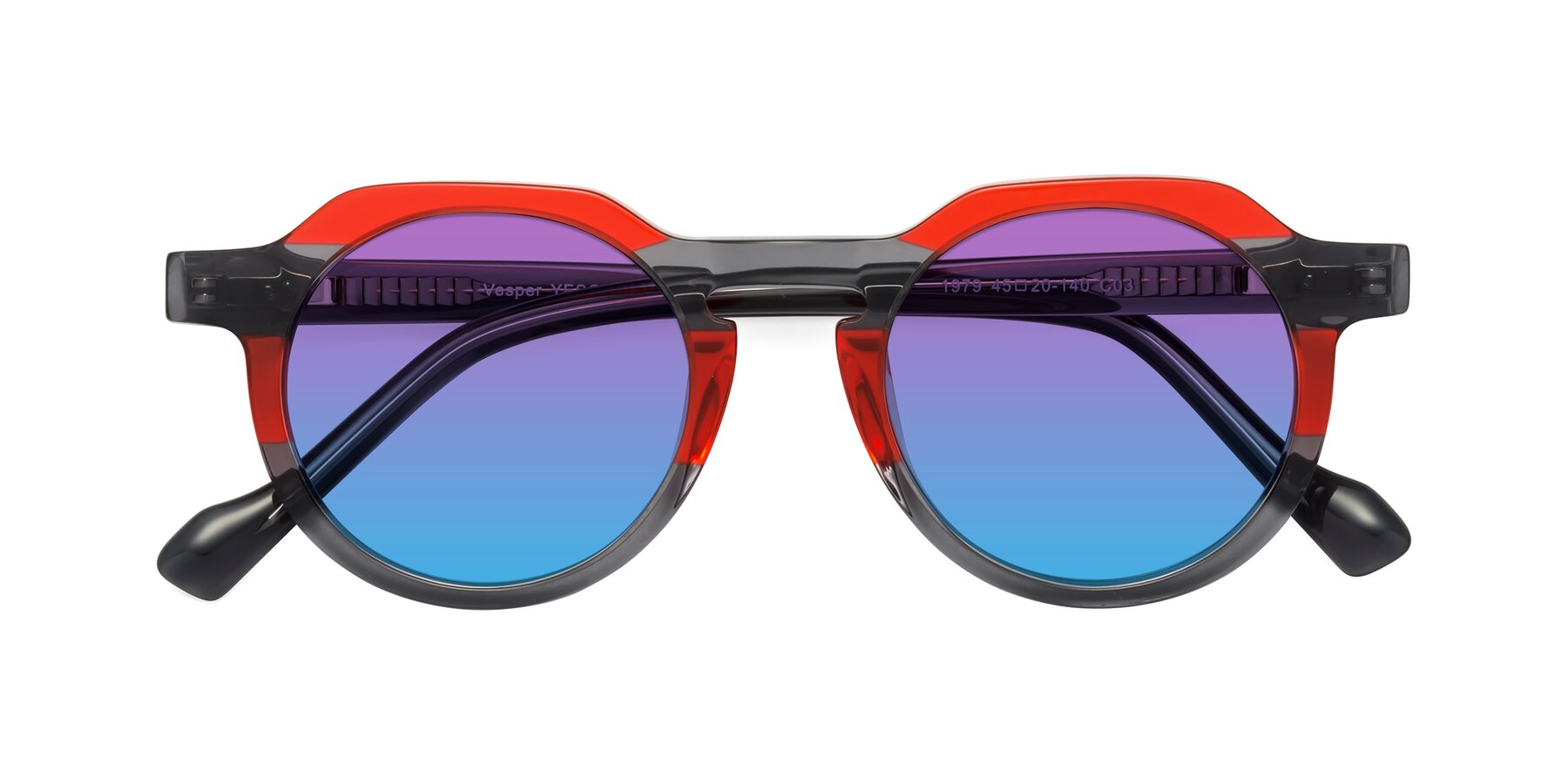 Folded Front of Vesper in Red-Gray with Purple / Blue Gradient Lenses