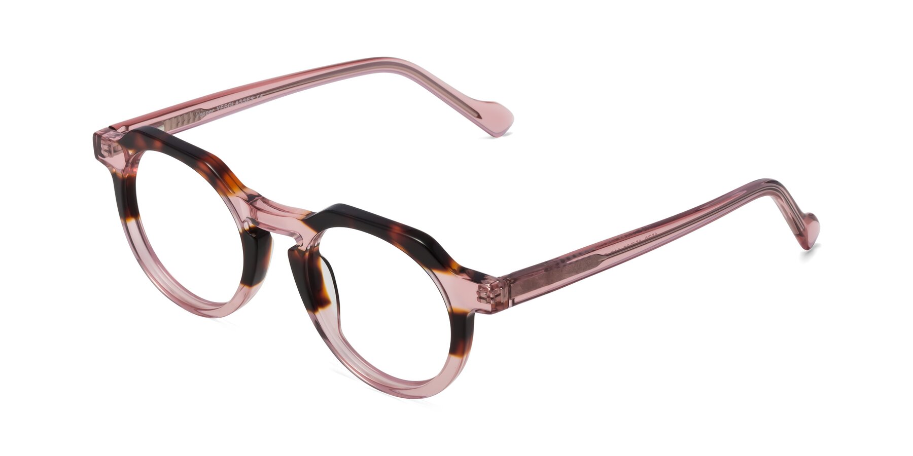 Angle of Vesper in Tortoise-Pink with Clear Reading Eyeglass Lenses