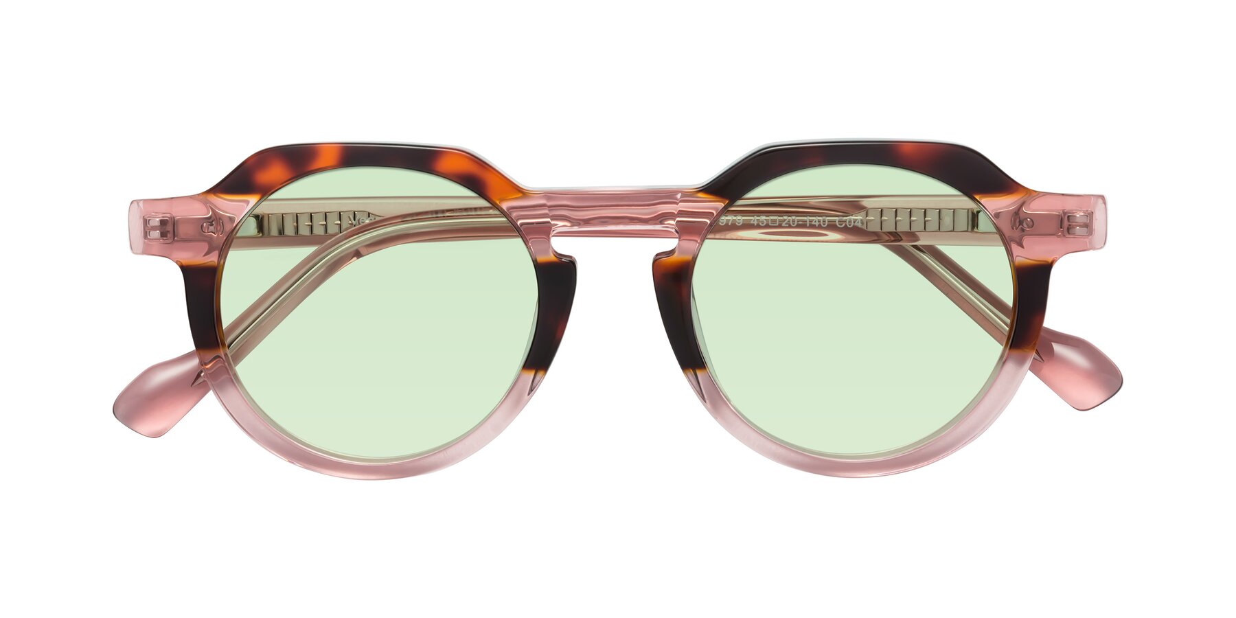 Folded Front of Vesper in Tortoise-Pink with Light Green Tinted Lenses