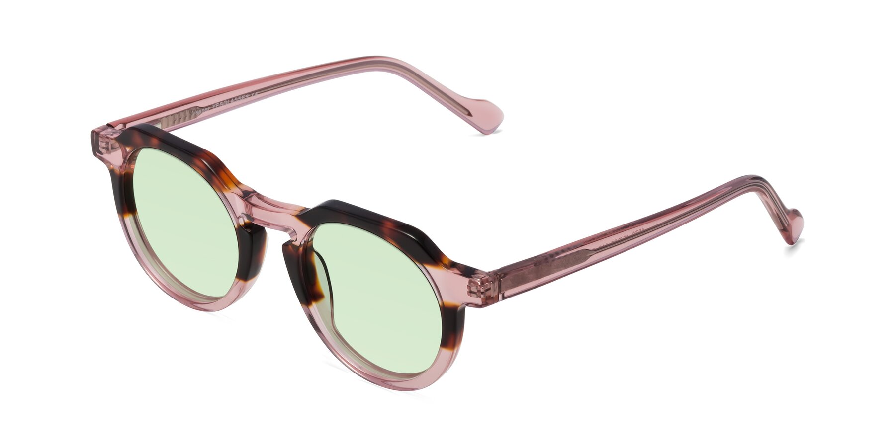 Angle of Vesper in Tortoise-Pink with Light Green Tinted Lenses