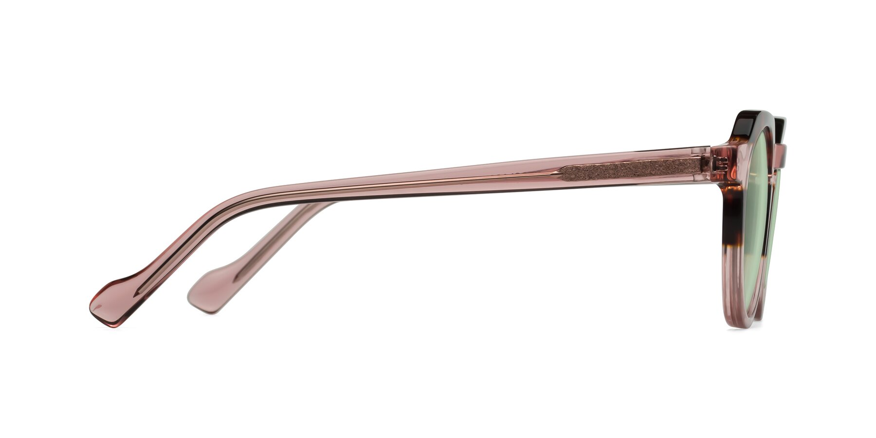 Side of Vesper in Tortoise-Pink with Light Green Tinted Lenses