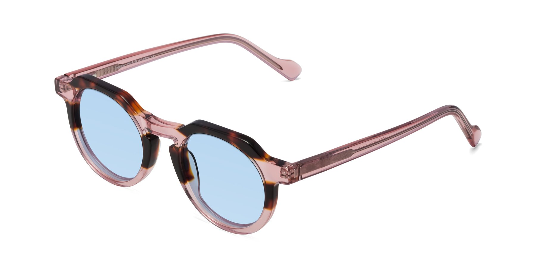 Angle of Vesper in Tortoise-Pink with Light Blue Tinted Lenses