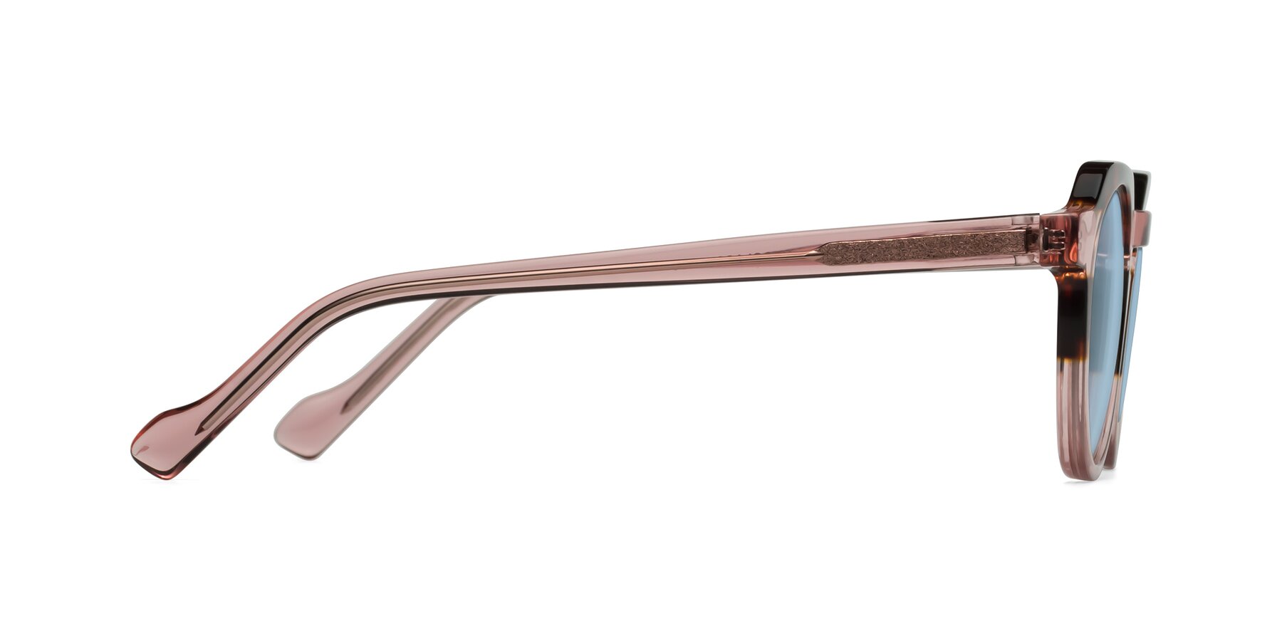 Side of Vesper in Tortoise-Pink with Light Blue Tinted Lenses