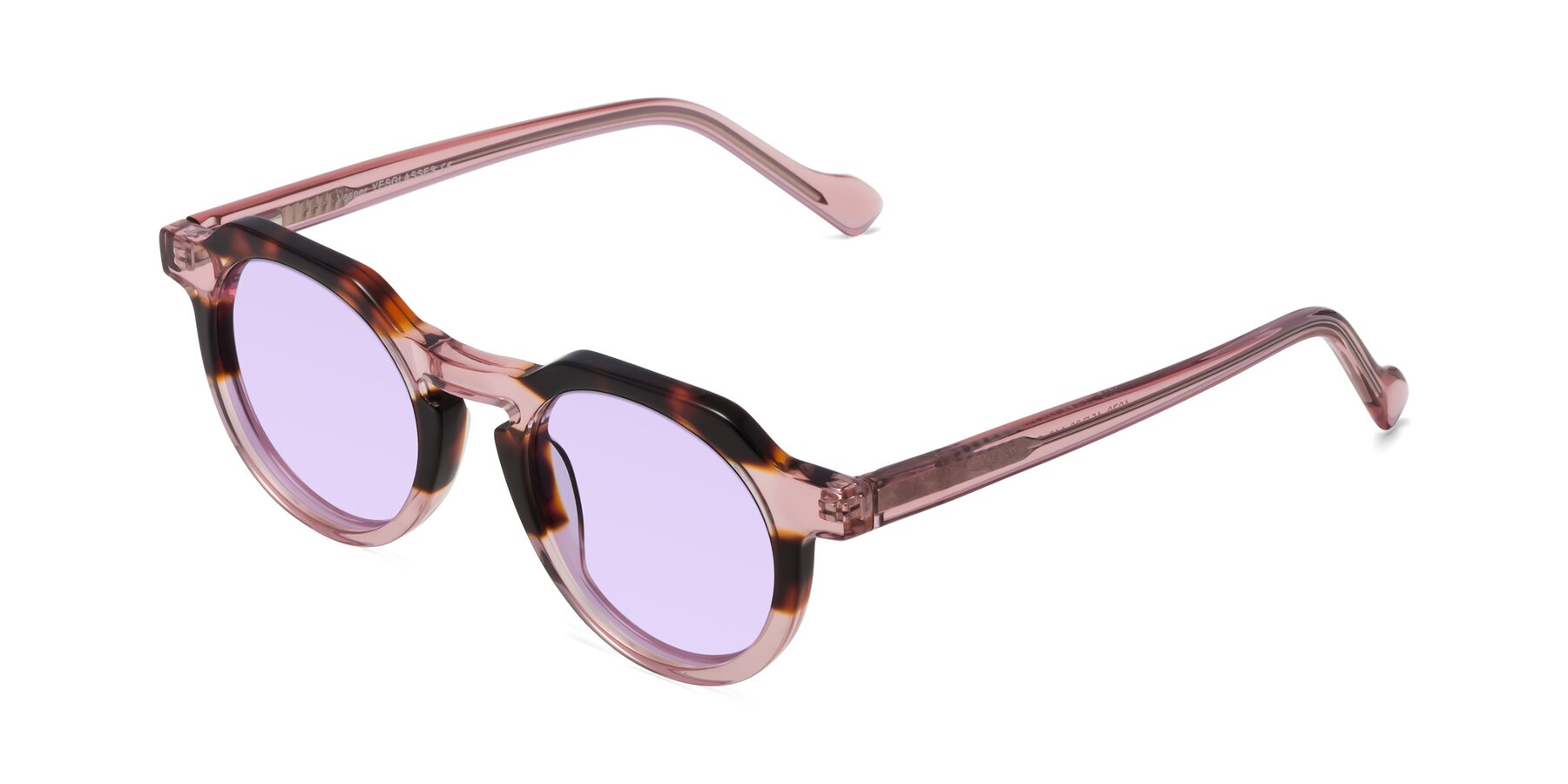 Angle of Vesper in Tortoise-Pink with Light Purple Tinted Lenses